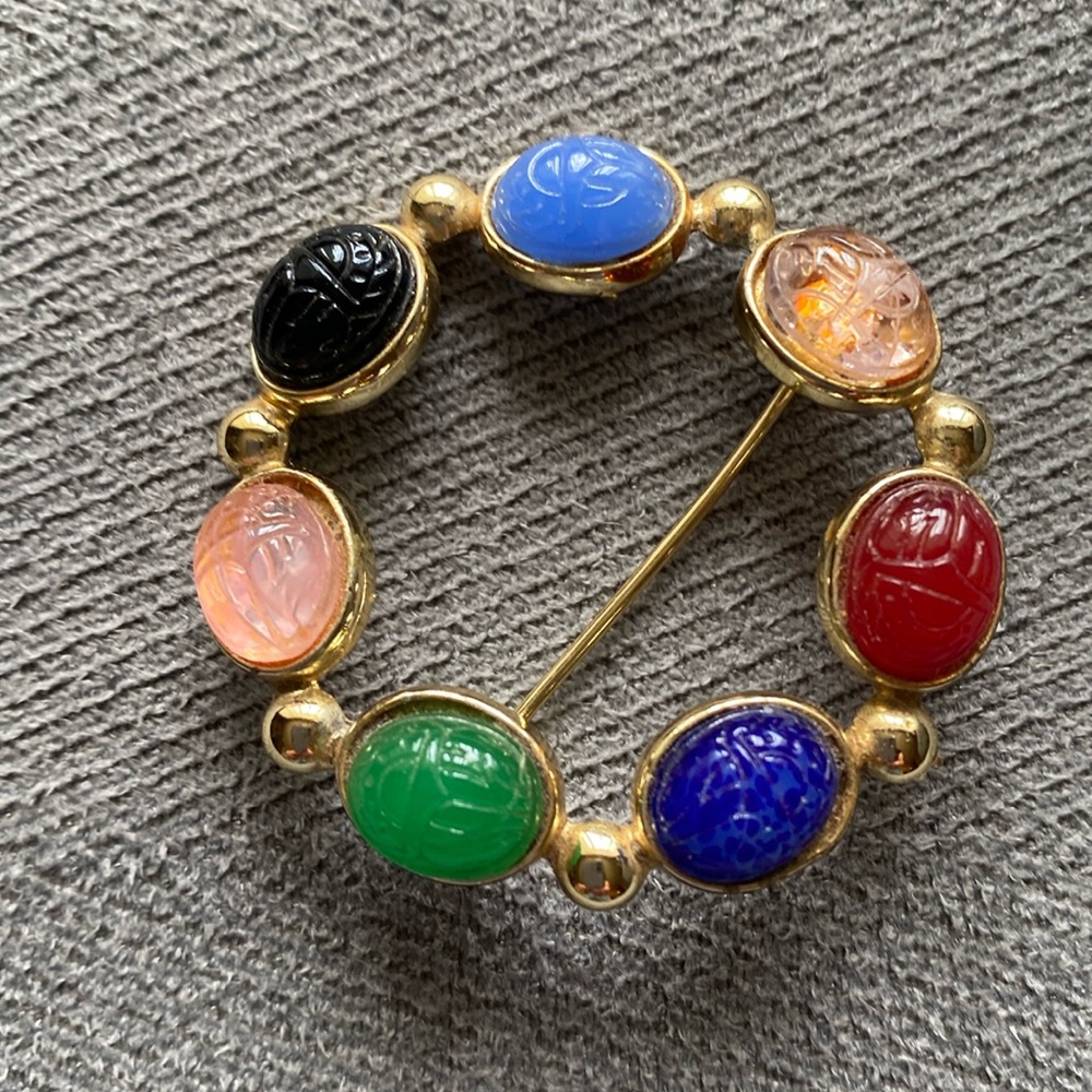 Scarab Brooch Pin Multicolor Gold Tone